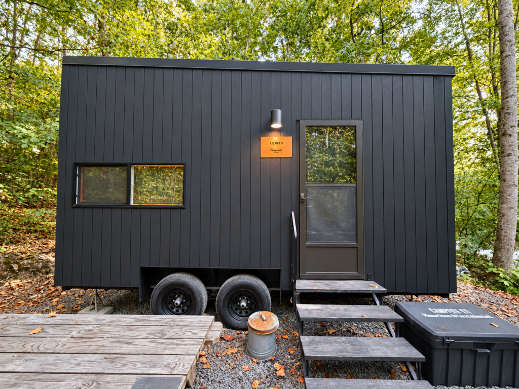 Small black Postcard Cabin surrounded by woods in Randolph County