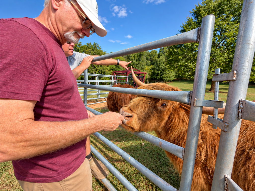 Visitor feeding a shaggy Highland cow at Cellar Creek Farm in Asheboro