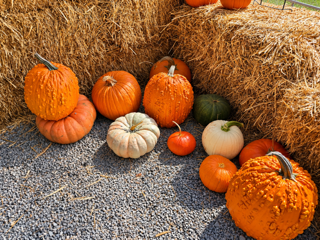 Colorful fall pumpkins and gourds displayed beside hay bales