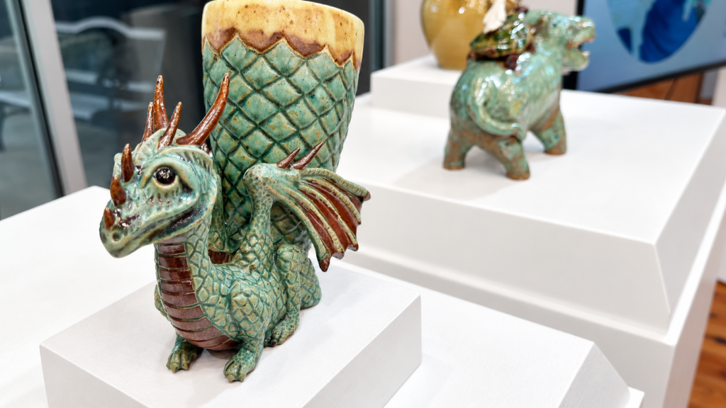 Green glazed dragon pottery displayed in Seagrove, North Carolina